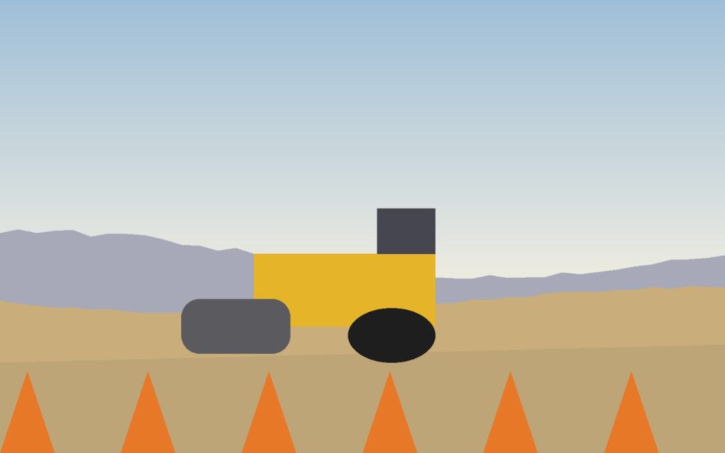 Ilustración de una máquina compactadora trabajando en un camino de tierra