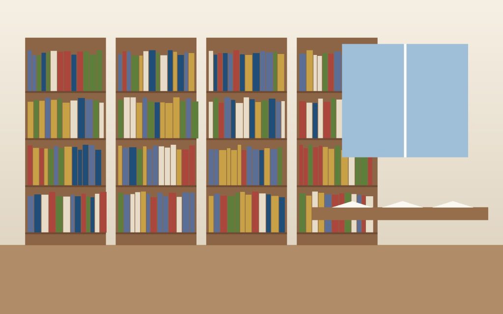 Ilustración de estanterías y libros abiertos sobre una mesa