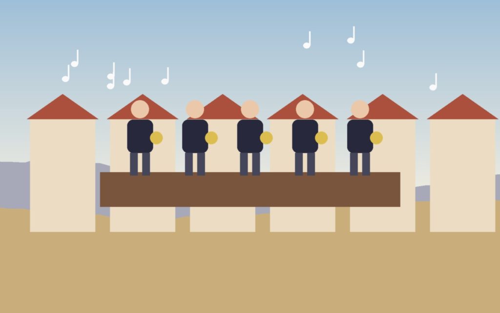 Ilustración de una banda de música en un escenario en la plaza
