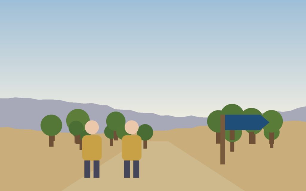 Ilustración de un camino entre árboles junto a un arroyo, con una señal de ruta