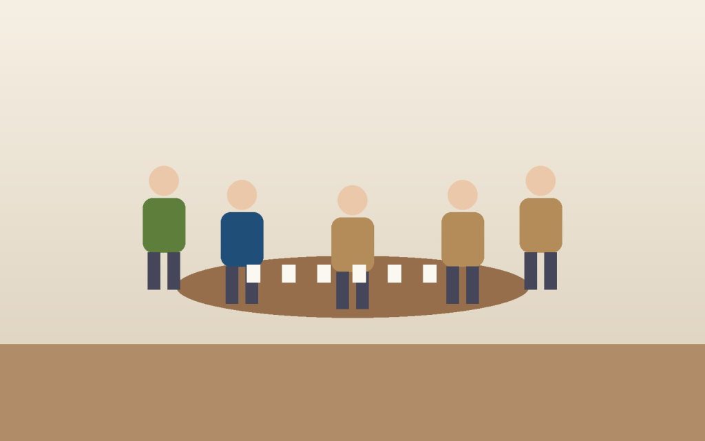 Ilustración de personas mayores sentadas alrededor de una mesa con tarjetas